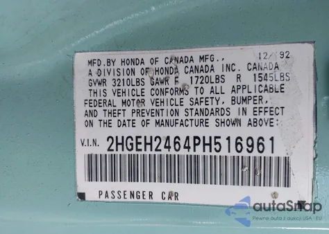 1993 Honda Civic Dx из США, поврежденный, VIN 2HGEH2464PH516961